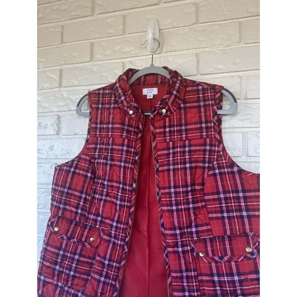 Crown And Ivy XL Quilted Red Plaid Vest Cozy Cabin Core Winter Staple - Picture 10 of 12